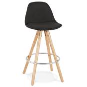 Tabouret de snack mi-hauteur scandinave 'CIRCLE MINI' tissu noir 4 pieds bois et chromé dossier haut