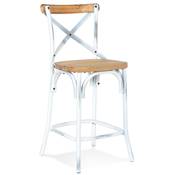 Tabouret snack mi-hauteur vintage 'MAKINA MINI' effet noyer vieilli 4 pieds métal blanc dossier haut