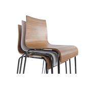 Tabouret de bar design 'Kadra' en bois zébré avec 4 pieds en métal chromé et dossier haut