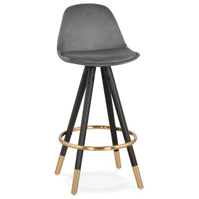 Tabouret snack mi-hauteur 'MODEN MINI' velours gris 4 pieds bois noir pieds métal doré dossier haut