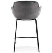 Tabouret de snack design à accoudoirs 'CARINO MINI' en velours gris 4 pieds métal noir dossier haut
