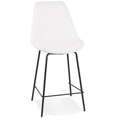 Tabouret de snack mi-hauteur design 'KESKI MINI' en tissu bouclé blanc avec 4 pieds et repose pieds en métal noir dossier haut