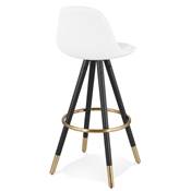 Tabouret de bar 'Moden' tissu bouclé blanc 4 pieds bois noir repose pieds et pieds doré dossier haut