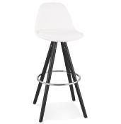 Tabouret de bar 'Black Circle' tissu bouclé blanc 4 pieds bois noir repose pieds chromé dossier haut