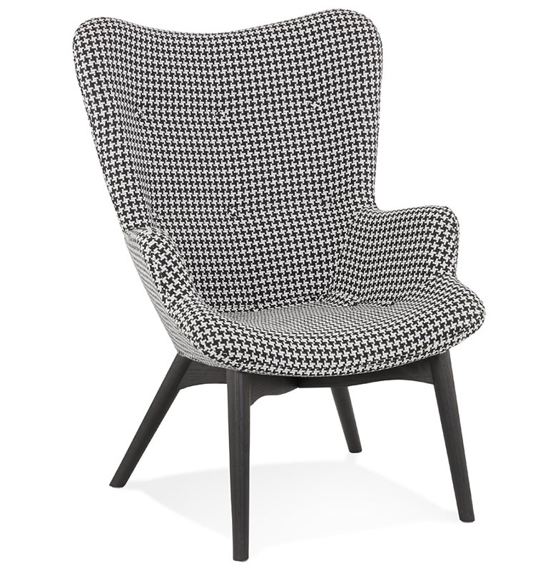 Fauteuil à oreilles design capitonné design 'ELEGAN' en tissu pied de poule pieds en bois noir