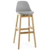Tabouret de bar design scandinave 'Topo' gris avec 4 pieds en bois naturel et dossier haut