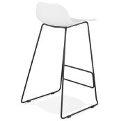 Tabouret de bar design 'Steelblack' blanc pieds tréteaux et repose pieds en métal noir dossier bas