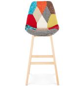 Tabouret de bar design scandinave 'Chairman' en patchwork multicolor 4 pieds en bois et dossier haut