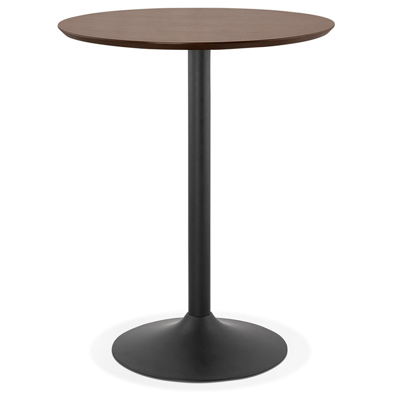Table de bar haute design ronde 'Standup' mange debout en noyer avec pied central en métal noir