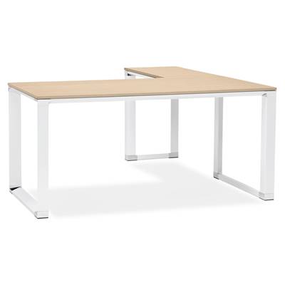 Bureau d'angle 'BUSINESS L' plateau en bois naturel pieds métal blanc et chromé – 160 cm