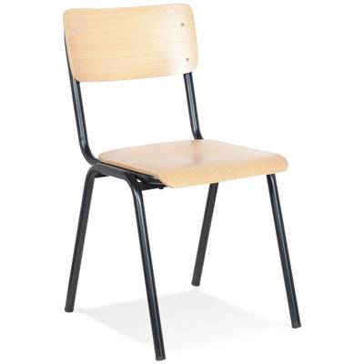 Chaise rétro style écolier 'SKOLA' assise et dossier en bois finition naturel et 4 pieds métal noir