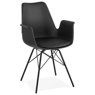 Chaise style industriel design à accoudoirs 'HERTIG' noire avec 4 pieds en métal noir