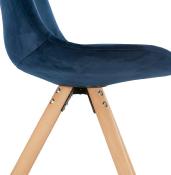 Chaise design 'Firenza' en velours bleue avec 4 pieds en bois naturel