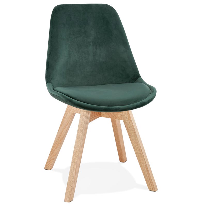 Chaise design 'Milano' en velours verte avec 4 pieds en bois naturel
