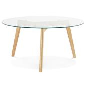 Table basse scandinave ronde 'Kölmy' plateau en verre 3 pieds en bois – Ø 90 cm