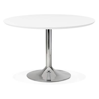 Table / table de réunion design ronde 'Mandlar' bois blanche pied central métal chromé – Ø 120 cm