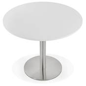 Petite table à diner / de bureau ronde 'Kara' blanche en bois pied central acier brossé - Ø 90 cm