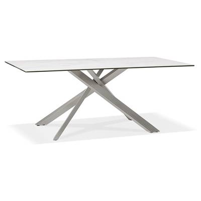 Table de salle à manger 'Tepee Ceram' blanche plateau en céramique pieds acier brossé - 180 x 90 cm