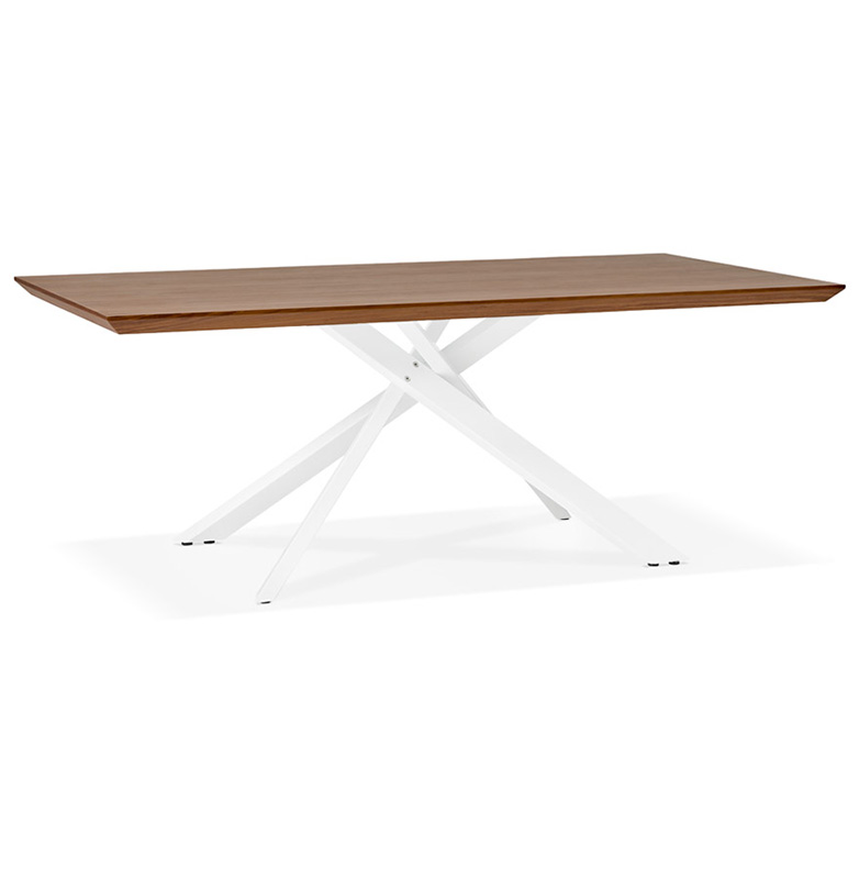 Table de salle à manger design 'Tepee Wood' plateau noyer pieds en métal blanc - 200 x 100 cm