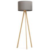 Lampadaire trépied scandinave 'Stätiv' abat-jour en tissu gris 3 pieds en bois naturel
