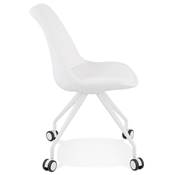 Petite chaise bureau design à roulettes dossier bas 'SIMPLE' tissu bouclé blanc pieds métal blanc