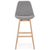 Tabouret de bar design 'CHAIRMAN' en tissu pied de poule 4 pieds en bois naturel dossier haut