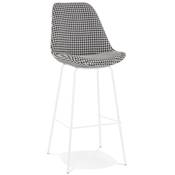 Tabouret de bar 'KESKI' en tissu pied de poule 4 pieds et repose pieds en métal blanc dossier haut