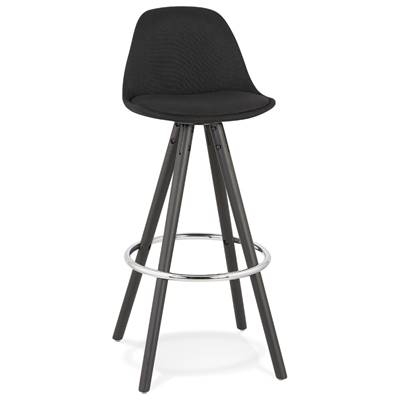 Tabouret de bar 'BLACK CIRCLE' en tissu noir 4 pieds bois noir et repose pieds chromé dossier haut