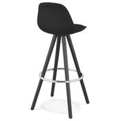 Tabouret de bar 'BLACK CIRCLE' en tissu noir 4 pieds bois noir et repose pieds chromé dossier haut