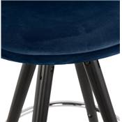 Tabouret de bar 'BLACK CIRCLE' velours bleu 4 pieds bois noir repose pieds métal chromé dossier haut