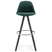 Tabouret de bar 'BLACK CIRCLE' velours vert 4 pieds bois noir repose pieds métal chromé dossier haut