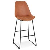 Tabouret de bar 'GUSTO' en microfibre marron pieds tréteaux et repose pieds métal noir dossier haut