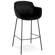 Tabouret de bar design à accoudoirs moderne 'CARINO' en velours noir avec 4 pieds en métal noir