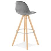 	Tabouret bar scandinave 'CIRCLE' velours gris 4 pieds bois naturel repose pieds chromé dossier haut