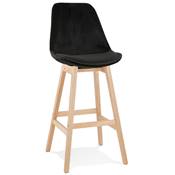 Tabouret de bar design scandinave 'CHAIRMAN' en velours noir 4 pieds en bois naturel et dossier haut