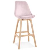 Tabouret de bar scandinave 'CHAIRMAN' en velours rose avec 4 pieds en bois naturel et dossier haut