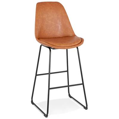 Tabouret de bar 'GUSTO' marron avec pieds tréteaux et repose pieds en métal noir dossier haut