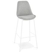 Tabouret de bar 'KESKI' en tissu gris clair 4 pieds et repose pieds en métal blanc dossier haut