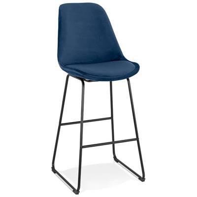 Tabouret de bar 'GUSTO' en velours bleu pieds tréteaux et repose pieds en métal noir dossier haut