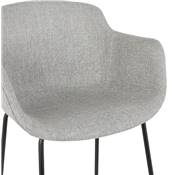 Tabouret snack mi-hauteur accoudoirs 'CARINO MINI' tissu gris clair 4 pieds métal noir dossier haut