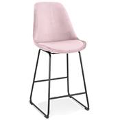 Tabouret de snack mi-hauteur 'GUSTO MINI' velours rose pieds tréteaux en métal noir dossier haut