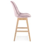 Tabouret snack mi-hauteur scandinave 'CHAIRMAN MINI' velours rose 4 pieds bois naturel dossier haut