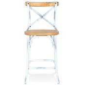 Tabouret snack mi-hauteur vintage 'MAKINA MINI' effet noyer vieilli 4 pieds métal blanc dossier haut