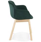 Chaise design à accoudoirs 'MAJESTY' en velours vert et 4 pieds en bois naturel