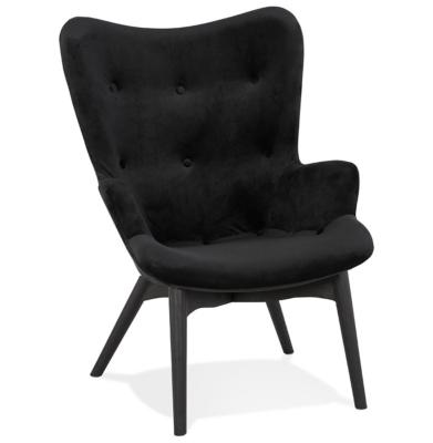 Fauteuil à oreilles capitonné design 'ELEGAN' en velours noir pieds en bois noir
