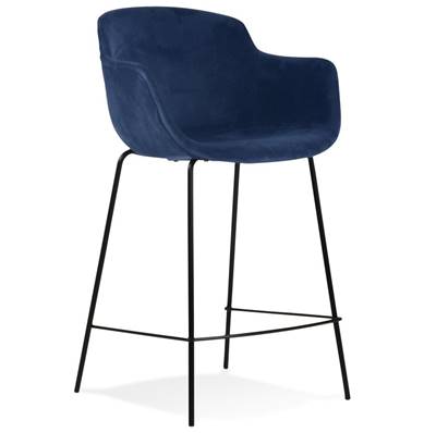 Tabouret de snack design à accoudoirs 'CARINO MINI' en velours bleu 4 pieds métal noir dossier haut