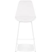 Tabouret de bar design de style moderne 'KESKI' en tissu bouclé blanc 4 pieds et repose pieds métal blanc dossier haut