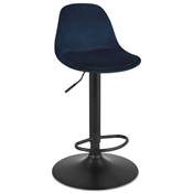 Tabouret de bar réglable 'LUSSO' pivotant velours bleu pied et repose pieds métal noir dossier haut