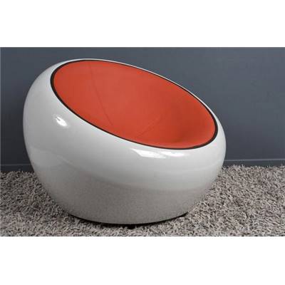 Fauteuil design lounge rond 'Boule' pivotant rouge et blanc pieds en métal chromé