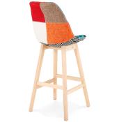 Tabouret de bar design scandinave 'Chairman' en patchwork multicolor 4 pieds en bois et dossier haut